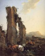 BERCHEM, Nicolaes Peasants with Four Oxen and a Goat at a Ford by a Ruined Aqueduct oil painting picture wholesale
